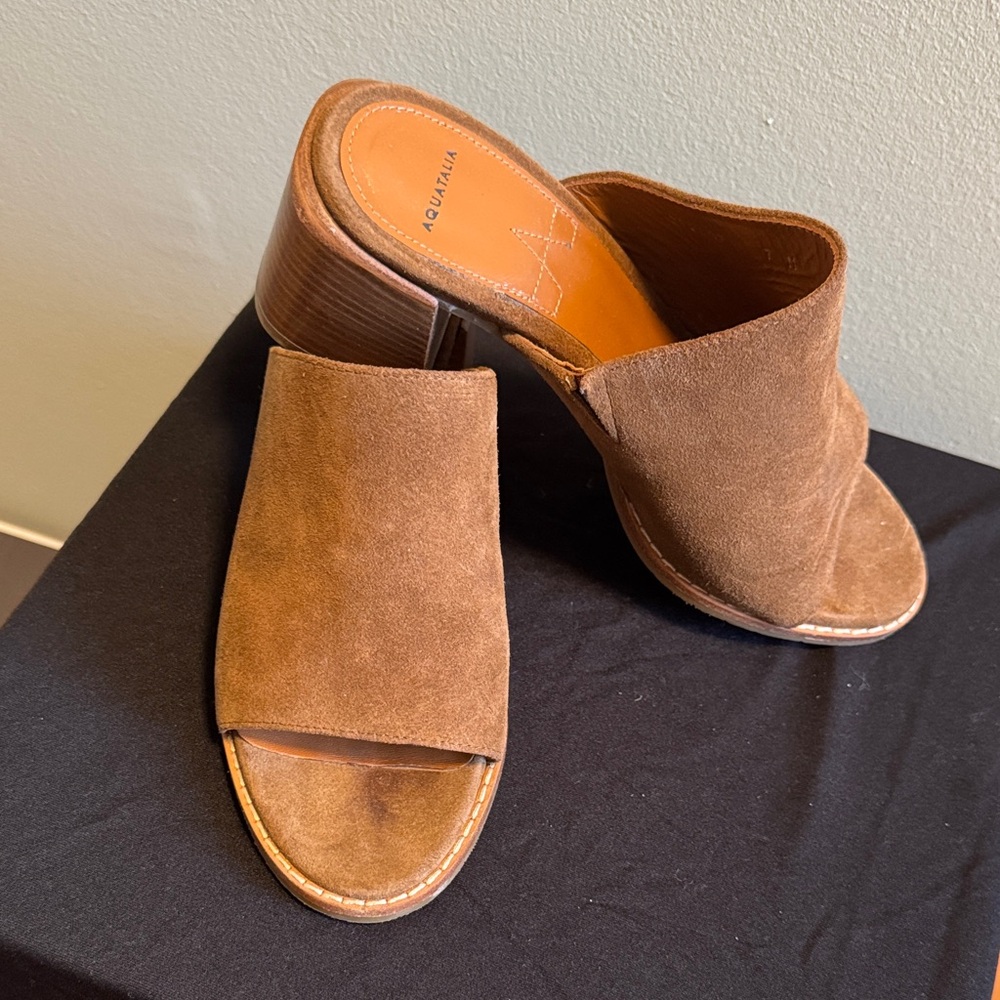 Aquatalia Tan Suede Open-Toe Mules
